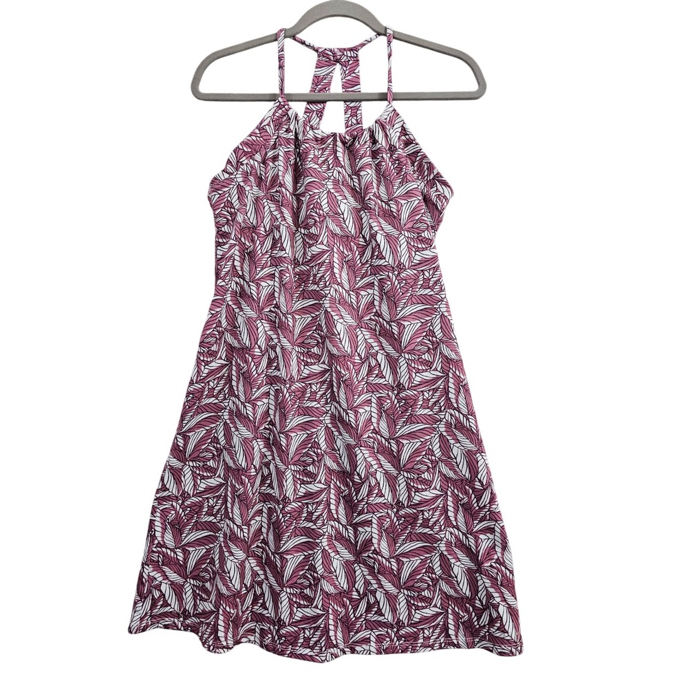 Eddie Bauer Travex Dress Womens Medium Purple White Leaf Print Halter Stretch